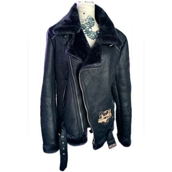 ROBERT PHILLIPE | S | Faux Fur Navy Sequin Moto Biker Asymmetrical Zip Jacket - Picture 1 of 13